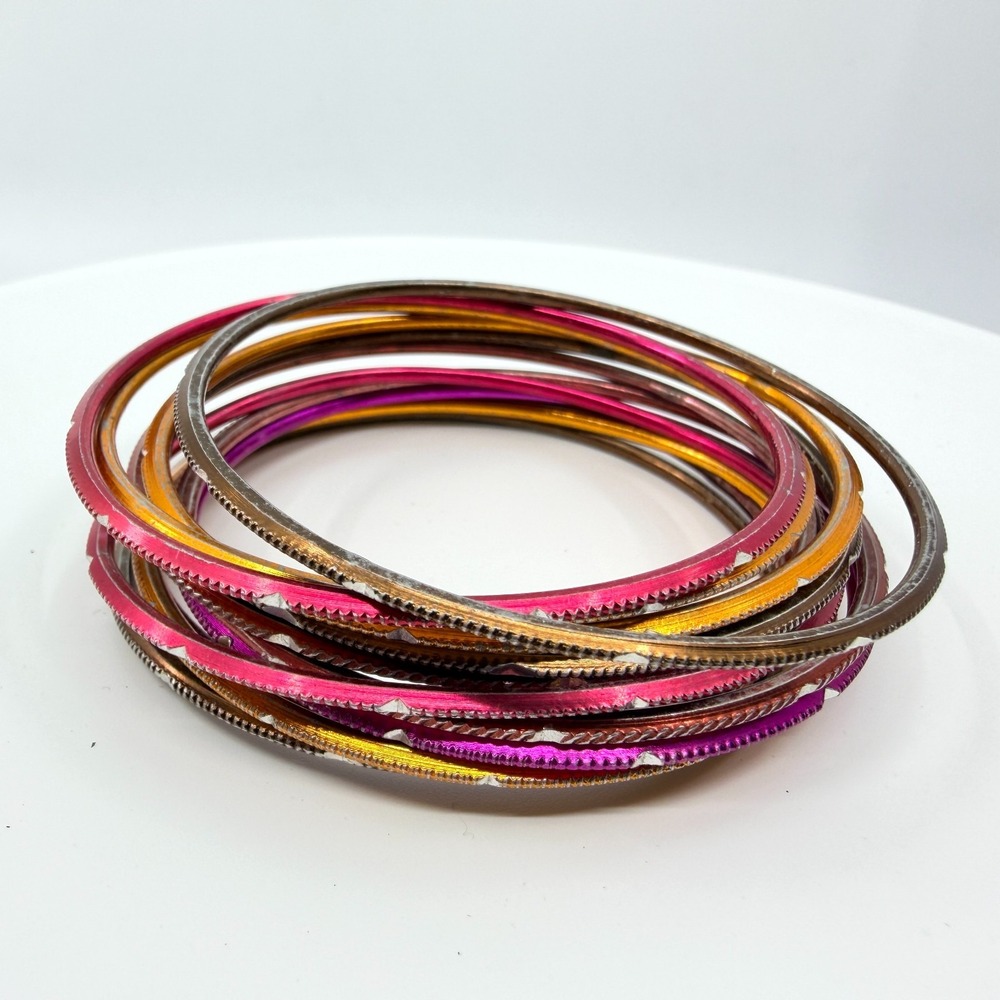 Vintage Y2K Colorful Textured Metal Bangle Bracelets Set - 12pc Stack